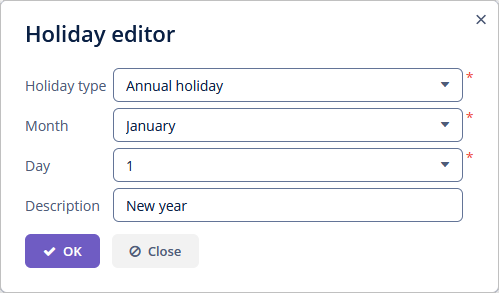 business calendar annual holiday