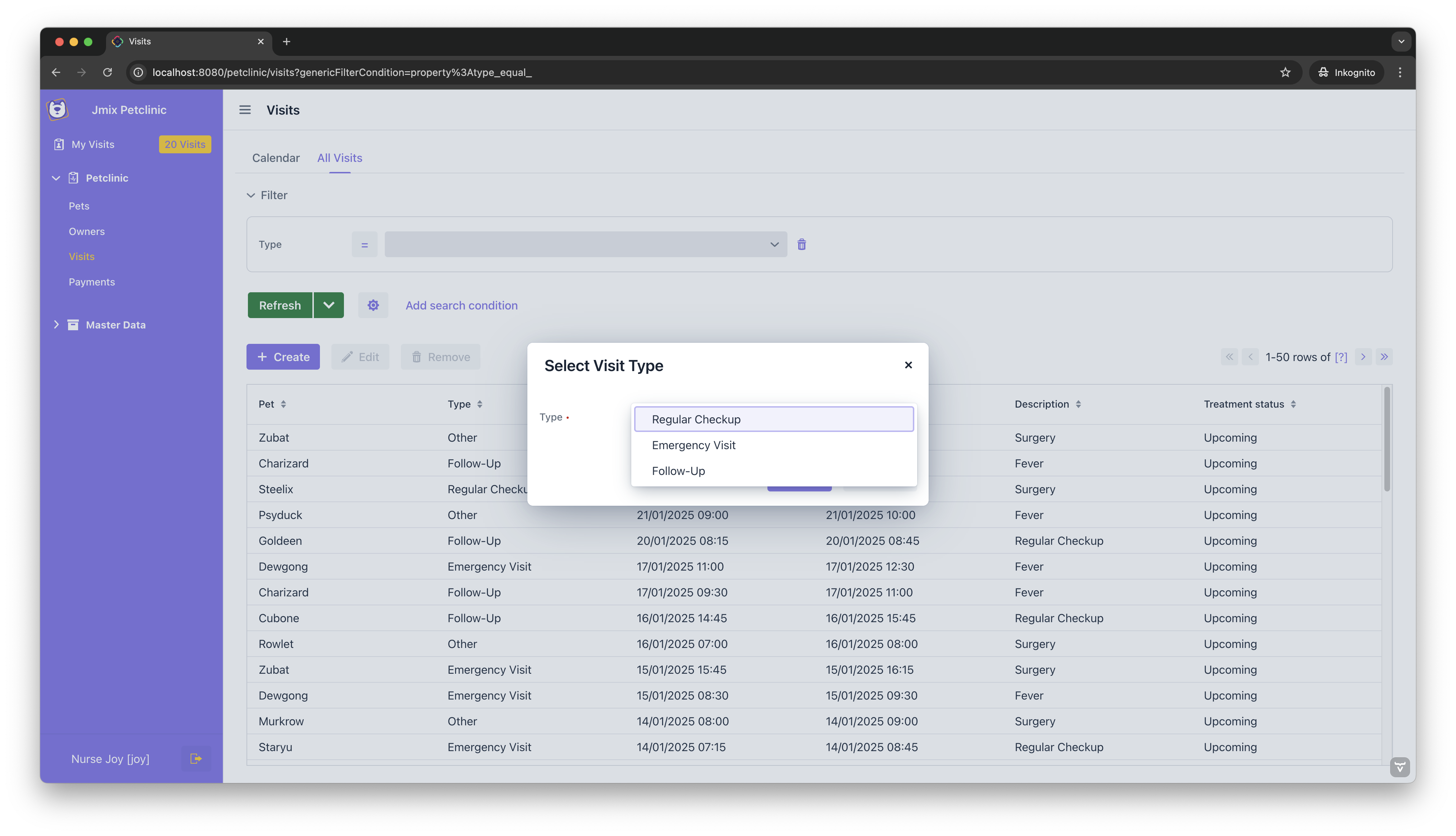 Type Selection Dialog for Visits
