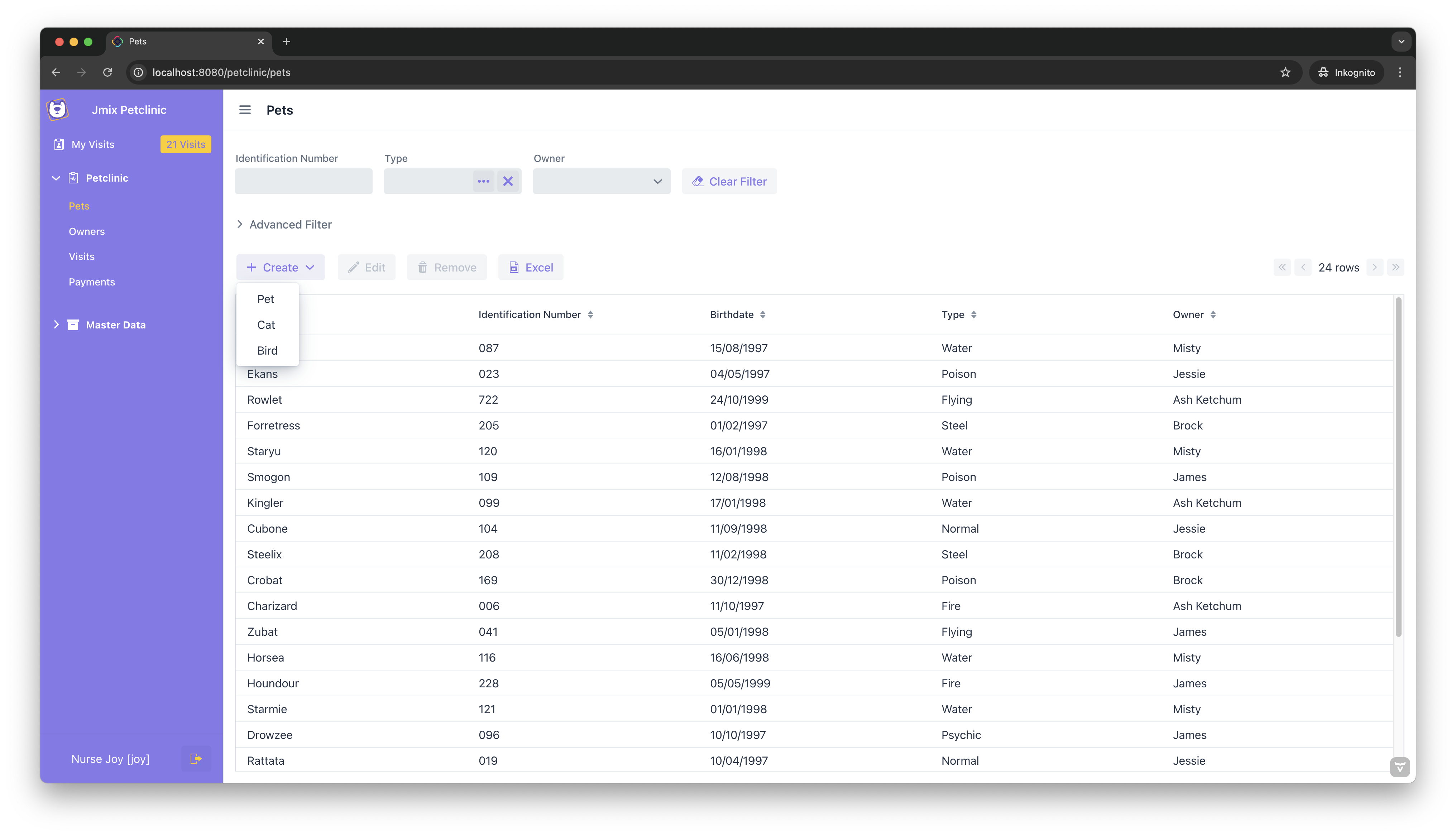Pet List View with Dropdown Button