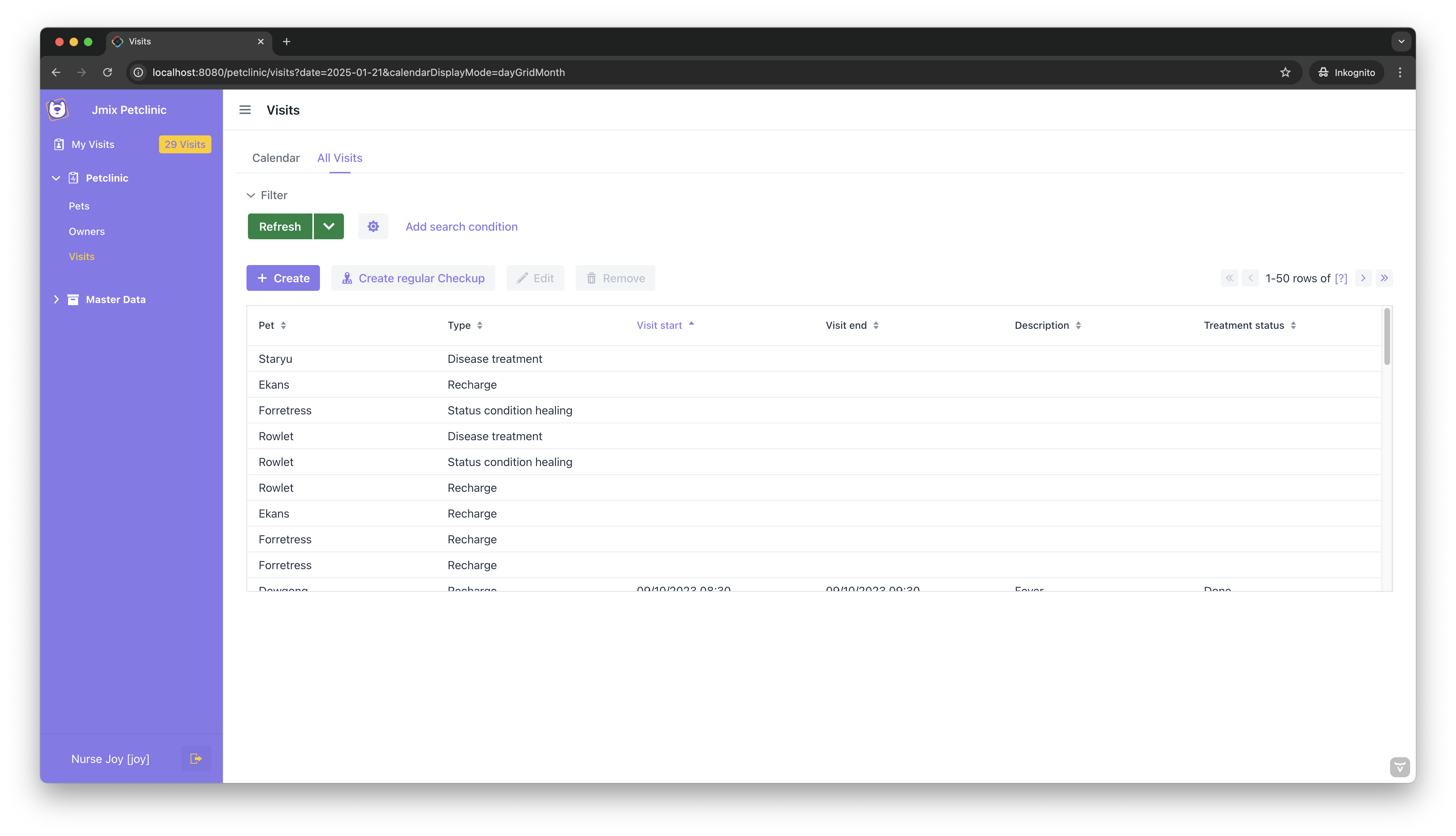 Visit List View with Create Regular Checkup Button