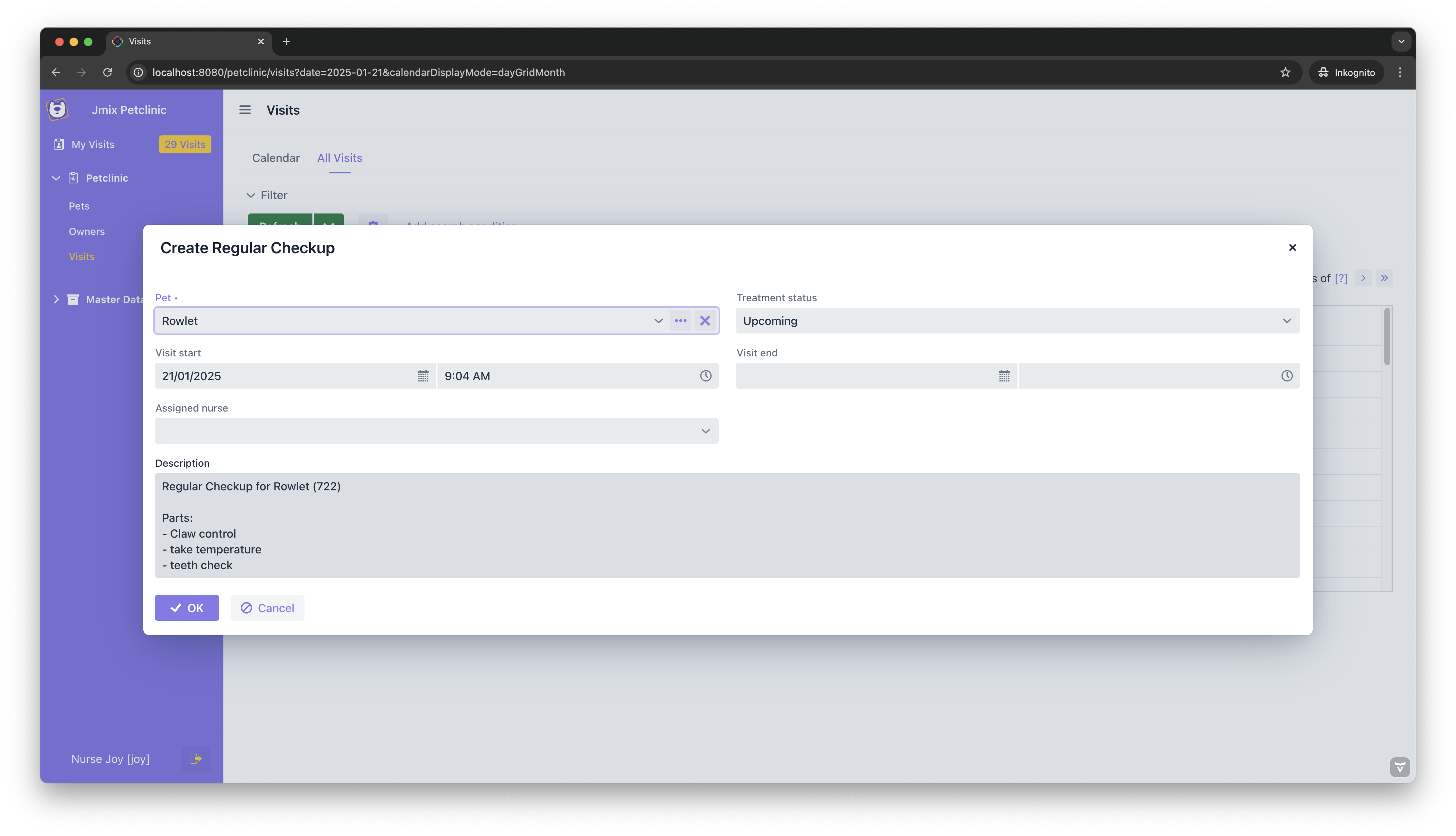 Regular Checkup Creation Dialog