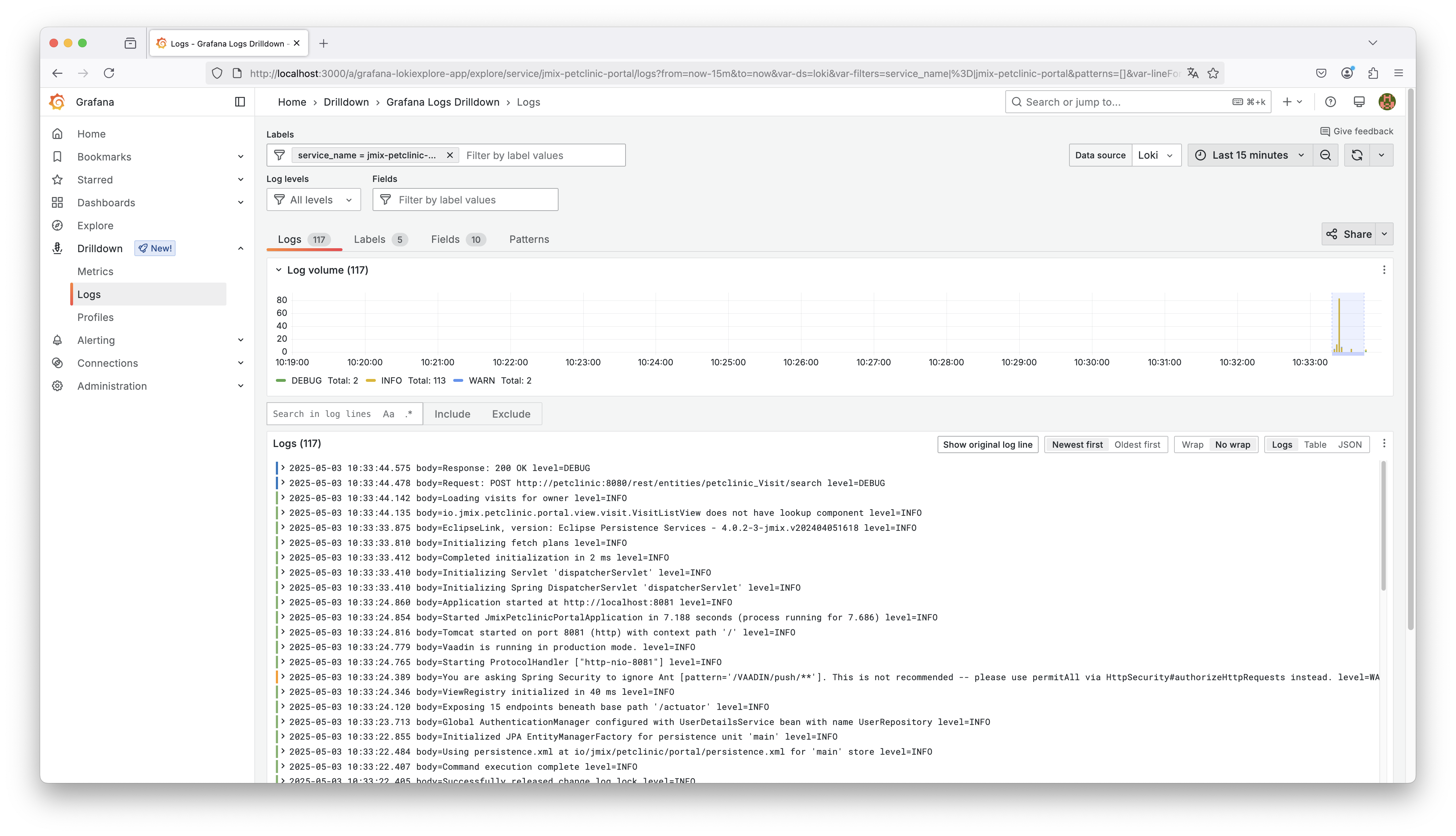 Grafana Log List Petclinic Portal