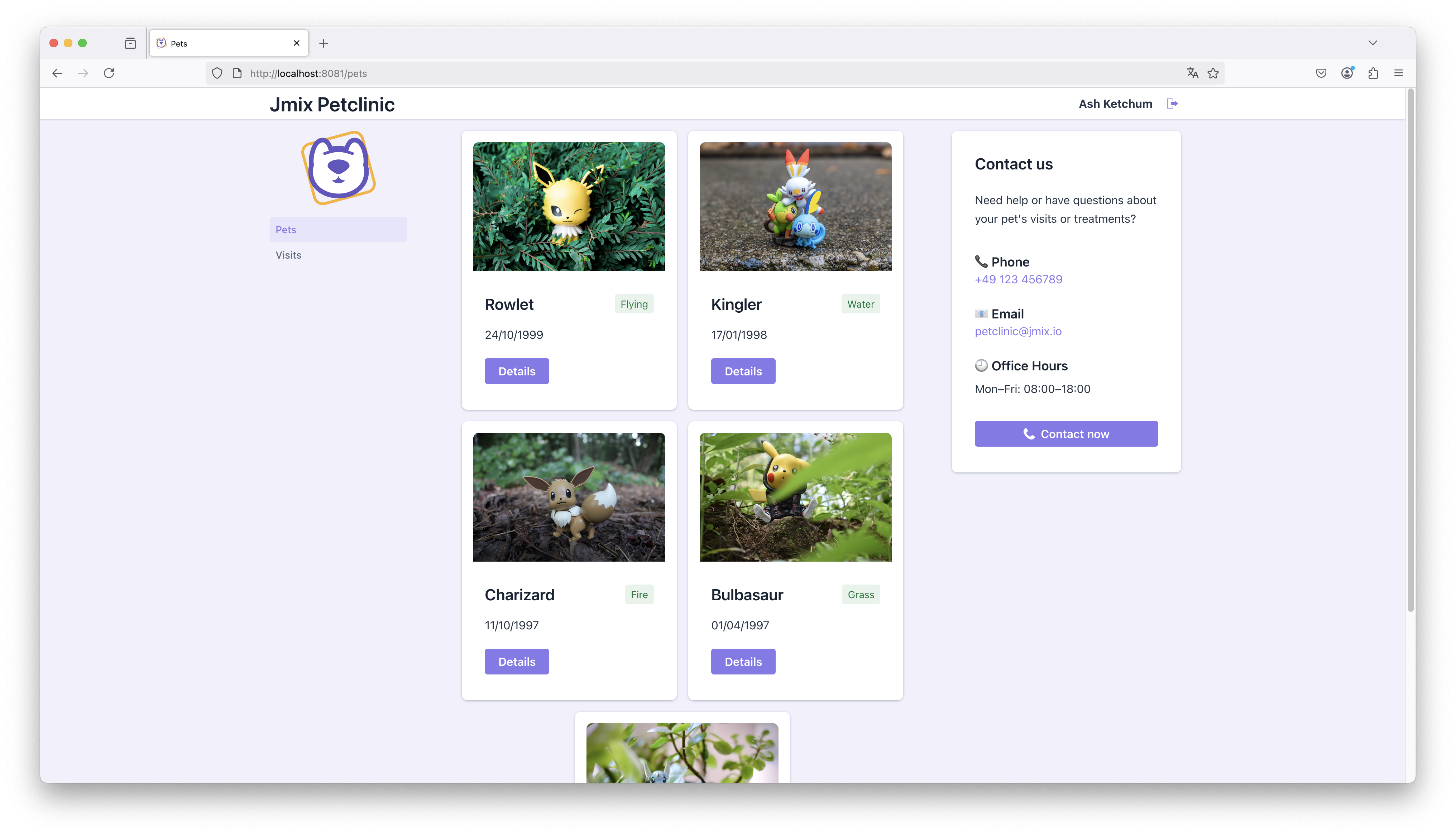 Petclinic Portal Pet List View