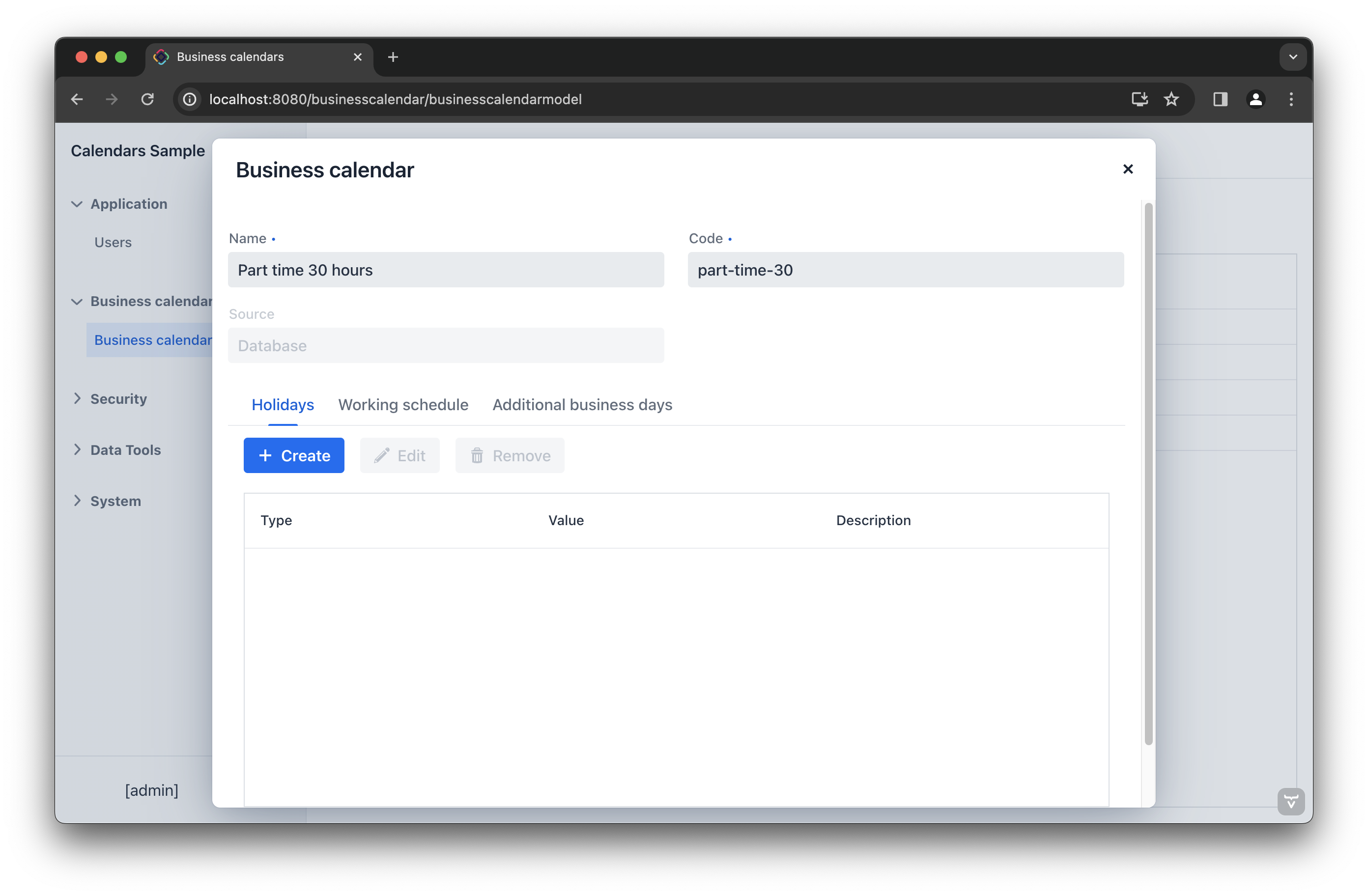 business calendar editor